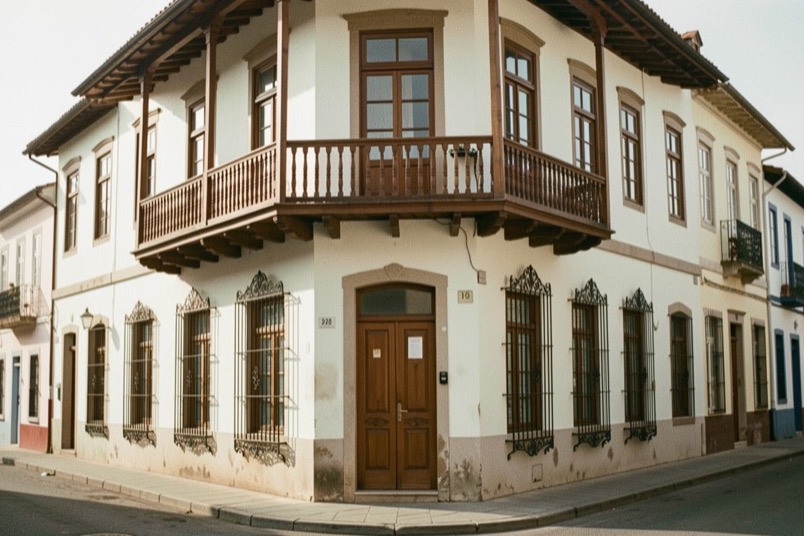 Fachada de una casona colonial con ventanas de rejas de hierro forjado y un balcón de madera tallada en el piso alto, en una esquina de calle bajo la luz de media mañana