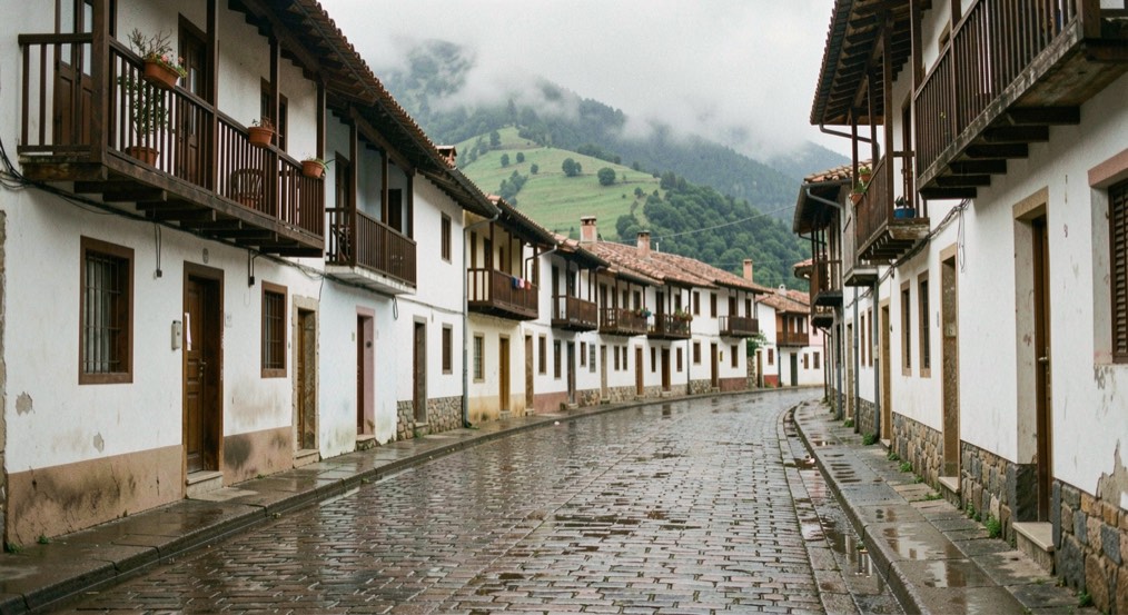 Calle empedrada de un pueblo de montaña con casas encaladas de techos de teja y balcones de madera oscura, adoquines mojados tras la lluvia y nubes bajas sobre los cerros verdes